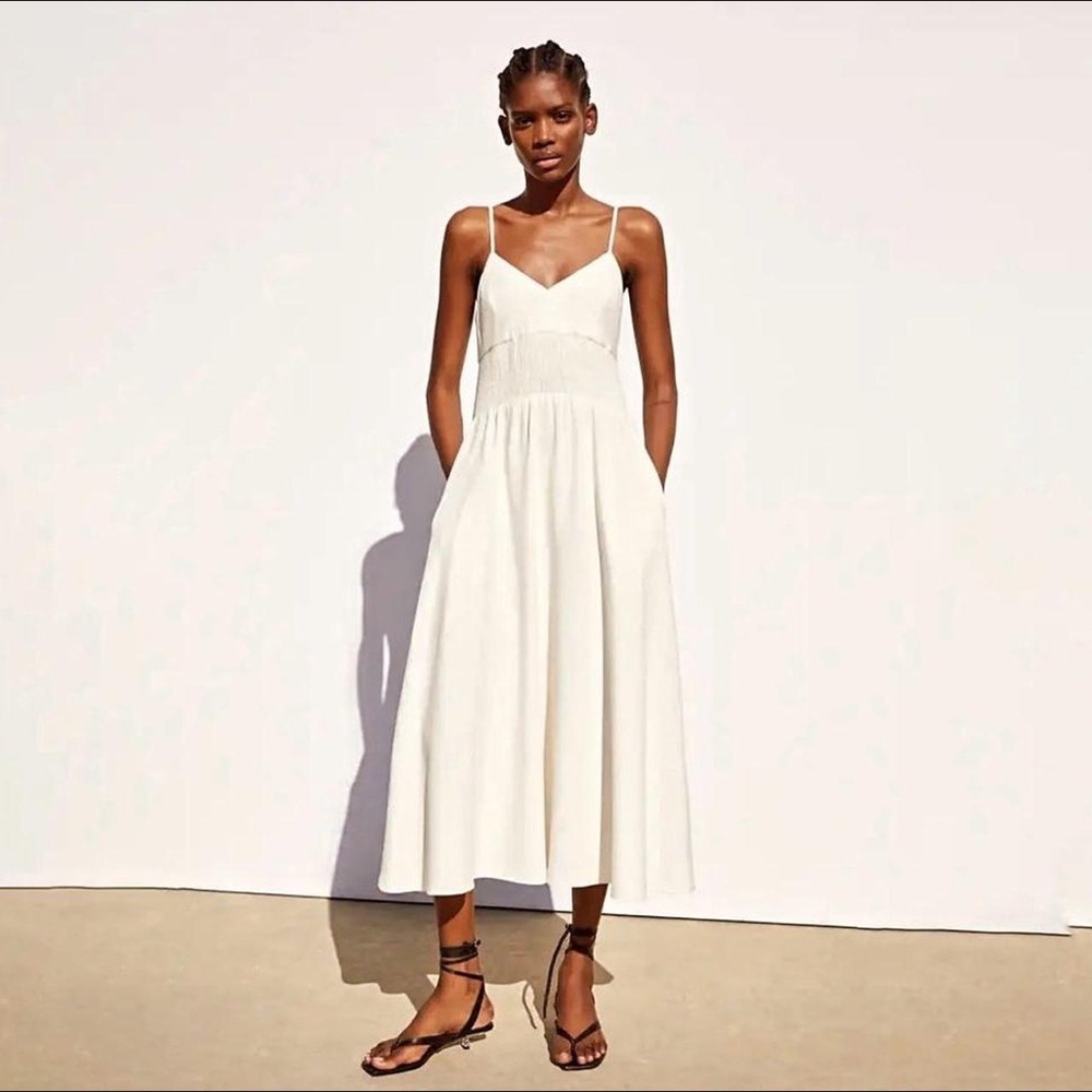 Zara Elegant White / Cream Linen Blend Midi Dress Size S - Picture 3 of 8